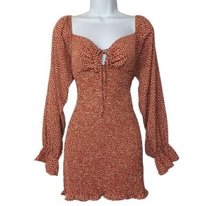 BLUSH J Brown White Leaf Print Smocked Stretchy Long Sleeve Mini Dress Large